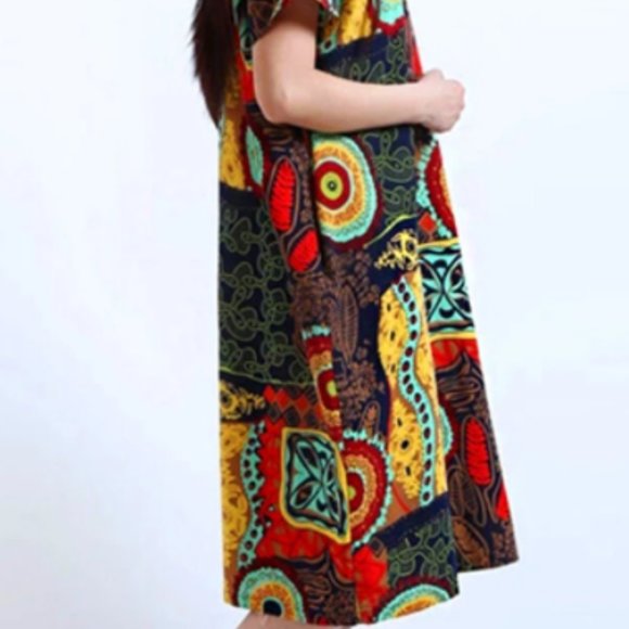 Cotton Pattern Printed Short Sleeve O-Neck Dresses - Picture 2 of 4